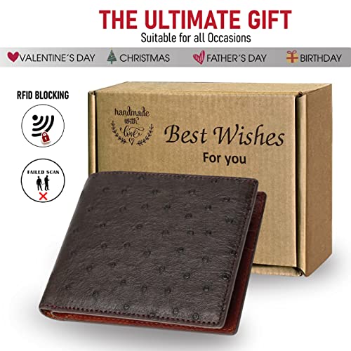 Image of HATA Brown Ostrich Leather Bifold Wallet for Men, Double-Sided Ostrich Billfold with RFID Blocking, Handmade Leather Wallet Gift for Birthday, Anniversary, Father's Day VINAMOS-36