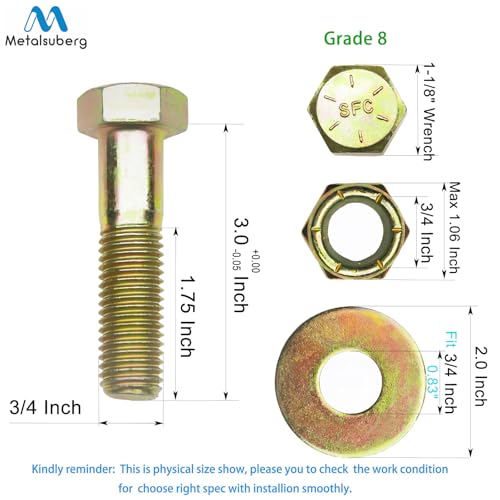 Image of 3 /4 inch x 3 inch Hex Head Bolt by Color Galvanization with Nylon Lock nut and Large Size Washer Assortment Kit,Alloy Steel,Grade 8.(4pcs Pack). by Metalsuberg