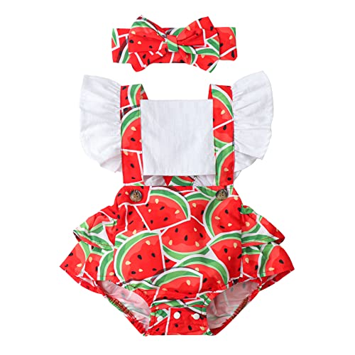 Image of Newborn Baby Girl Outfits Summer Infant Romper Ruffle Sleeve Suspender Jumpsuit Summer Clothes + Headband