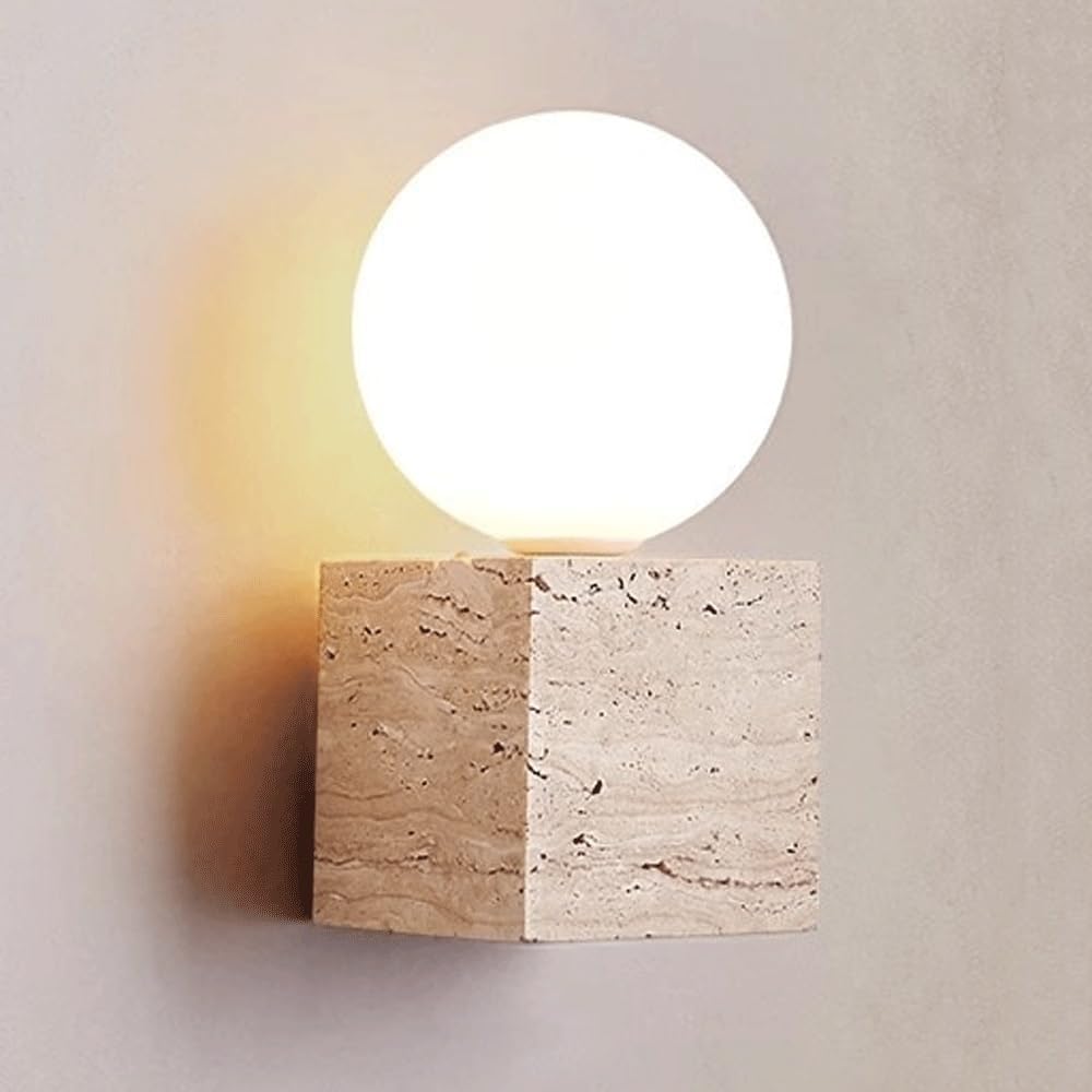 Modern Travertine Wall Sconce Cube Wall Light White Glass Globe Shade Natural Stone Wall Lamp Bathroom Living Room Bedroom Hallway Vanity Indoor Decorative Lighting Modern Home Accent(Natural Wood)