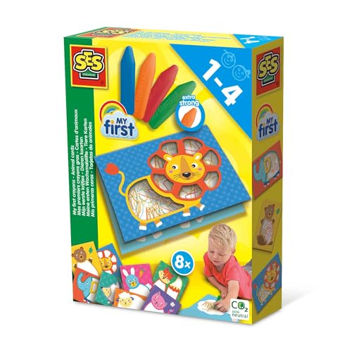 SES Creative | Mes Premiers Crayons Gras Bébé | Kit Coloriage Enfant 1 An+ | 8 Cartes Pliables Animaux | Activité Créative Bébé | Jeu Éducatif Colorier...