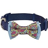 Blueberry Pet Paisley Print Handmade Detachable Bow Tie Dog Collar in Navy Blue, Medium, Neck 14.5