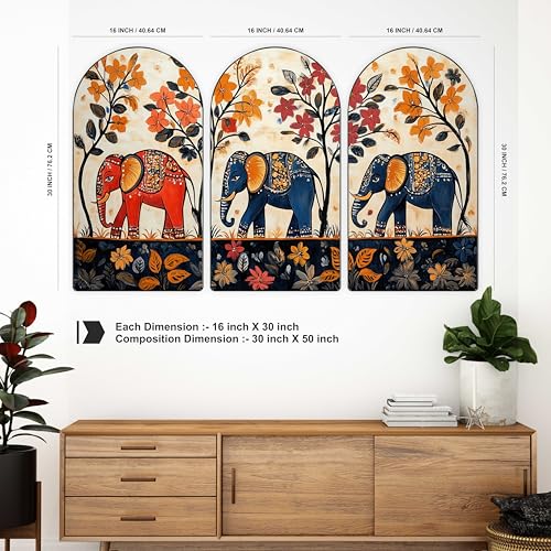Image of Livin'luxe Elephant Decorative Wall Painting Set of 3 MDF Panels with Premium PVC framed Floral Art 30 x 50 Inch