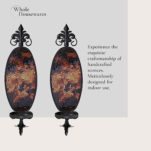 Whole Housewares Set Of 2 Candle Scone Wall Decor - Decorative Metal Wall Candle Holder - Living Room Mosaic Glass Scones - Mounted Candle Sconce For Bathroom And Dining Room - 6"X19", Gold Brown #TOP2