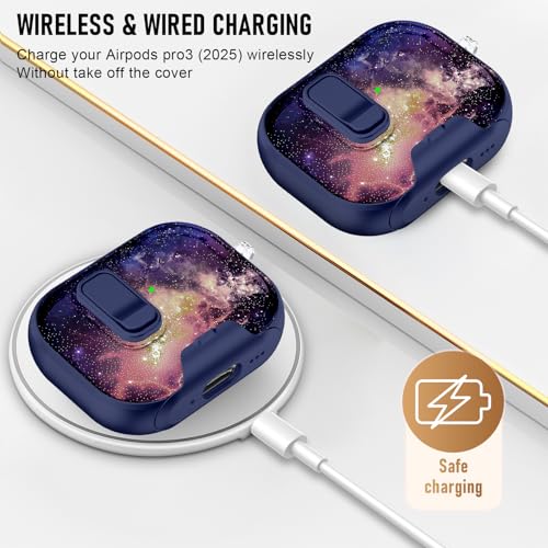 Image of Compatible Airpods Pro 3 Case (2025) with Phone Stand & Cleaner Kit,Print Soft Silicone Lock Clip Apple AirPods Pro 3rd Generation Case, Airpod Pro 3 Cover with Keychain for Women /Girls,Starry Sky