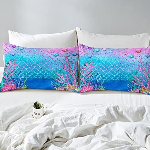 Kawaii Duvet Cover Queen Glitter Mermaid Scale Bedding Set For Kids Child Girls Purple Teal Underwater World Tropical Comforter Cover Seaweed Starfish Quilt Cover Nautical Sea Animal Room Decor #TOP3