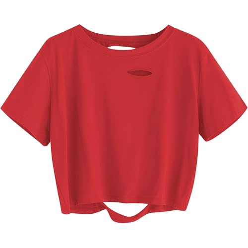 Remidoo Women's Summer Casual Distressed Short Sleeve Crop Top Crewneck T Shirt