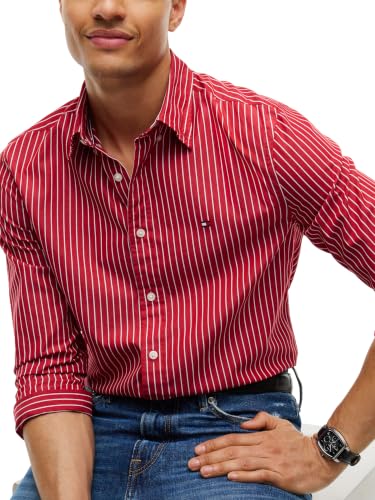 Tommy Hilfiger Men's Long Sleeve Poplin Shirts in Regular Fit, Men's Button Down Shirts, Also Available in Big and Tall, Medium RED/Stripe Medium - image 2
