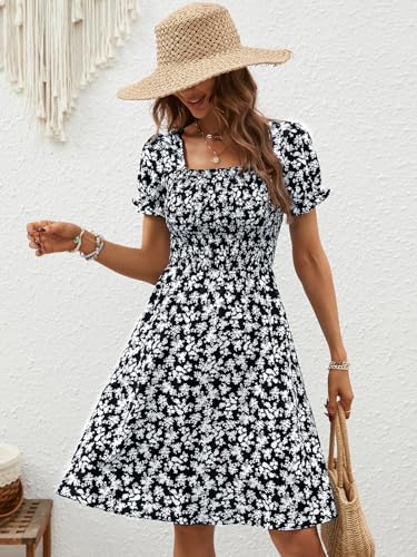 Image of Berydress Women's Summer Dresses 2026 Pockets Short Sleeve Square Neck Flowy A Line Casual Boho Smocked Mini Sun Dress