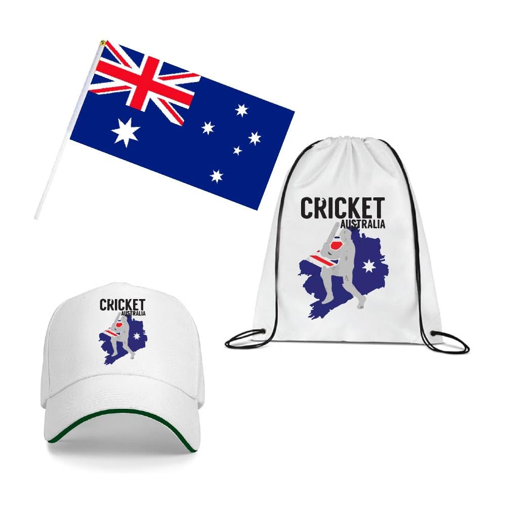 Australia Sports Fans Cricket Pack for Men and Women - Pack of 3 Combo - Drawstring Bag, Hand Flag, Cap - Ideal for Matches and Sports Activities