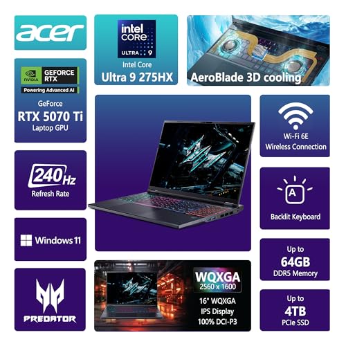 Predator Helios Neo 16 AI Gaming Laptop | 16" WQXGA IPS 240Hz | Intel Core Ultra 9 275HX | 32GB DDR5 2TB SSD | GeForce RTX 5070 Ti (fino a 992 top AI) | Win11 Pro retroilluminato RGB con - Notebook - Immagine 2