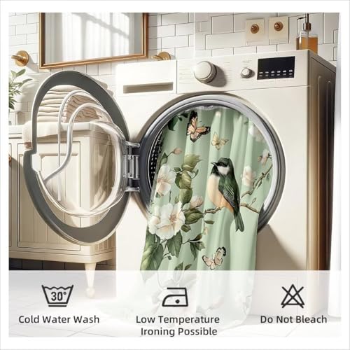 Rideau de douche vert sauge imperméable rideau douche oiseau polyester lesté 180x200 cm - 8