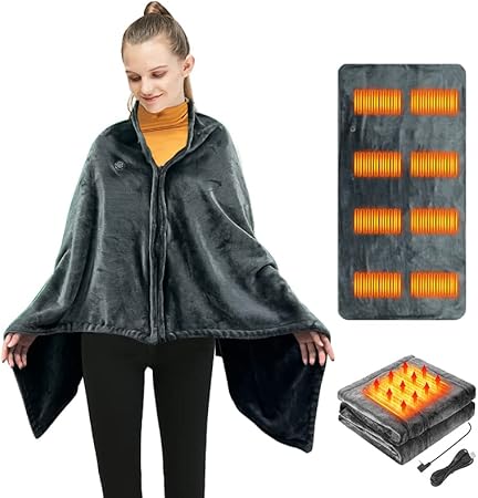 Review Wearable Electric Blanket, Heated Poncho Shawl with Zipper, USB Cordless Heating Blanket, Washable Soft & Warm Coral Fleece Wrap Throw for Home/ Office/ Car, 59″X33″, Grey
