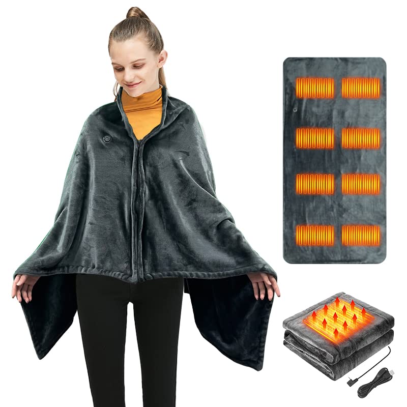 Wearable Electric Blanket, Heated Poncho Shawl with Zipper, USB Cordless Heating Blanket, Washable Soft & Warm Coral Fleece Wrap Throw for Home/ Office/ Car, 59"X33", Grey