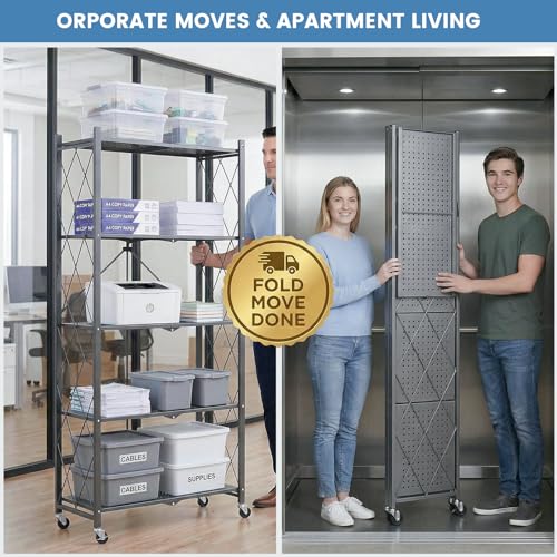 Image of ALANNG 70.7 inch H Metal Storage Shelves, 5 Tier Folding Shelf on Wheels | Heavy Duty, No Assembly, Rolling, Collapsible Rack Unit for Kitchen, Basement, Pantry (Gray,4 Pack)