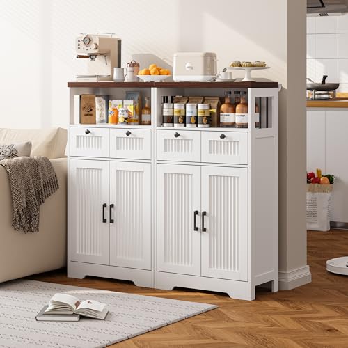 Image of Fluted Storage Cabinet with Doors, Kitchen Pantry Storage Cabinet with Adjustable Shelf, Freestanding Wood Cupboard for Living Room, Bathroom, Laundry Room, White