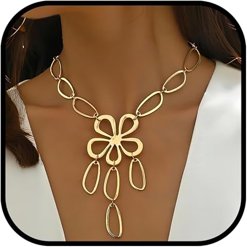 Gold Necklace For Women, 14k Gold-Plated Flower Necklaces Large Oval Chain Irregula...