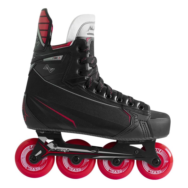 Alkali Hockey Fire 3 Senior Patins à roulettes en ligne avec châssis en aluminium Hi-Lo, roulement ABEC 7 vitesses, languette en feutre, intérieur thermoformable