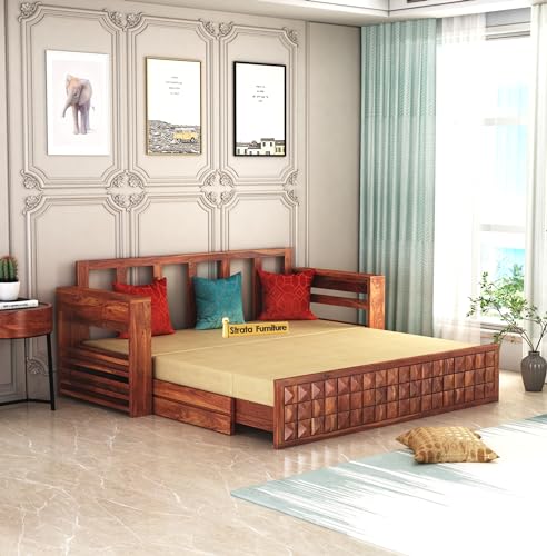 Image of Wooden Sofa Cum Bed for Living Room | Solid Sheesham Wood Convertible 3 Seater Diwan Sofa Bed with Pull-Out Storage Armrest | Folding Double Bed for Home, Guest Room & Office | Honey Finish