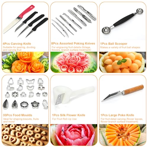 ohbien 80Pcs Fruit and Vegetable Carving Tools Kit, Multifunctional Stainless Steel Food Carving Set with Portable Bag for Carving Vegetables Fruits Meat Ice Cream - Image 5