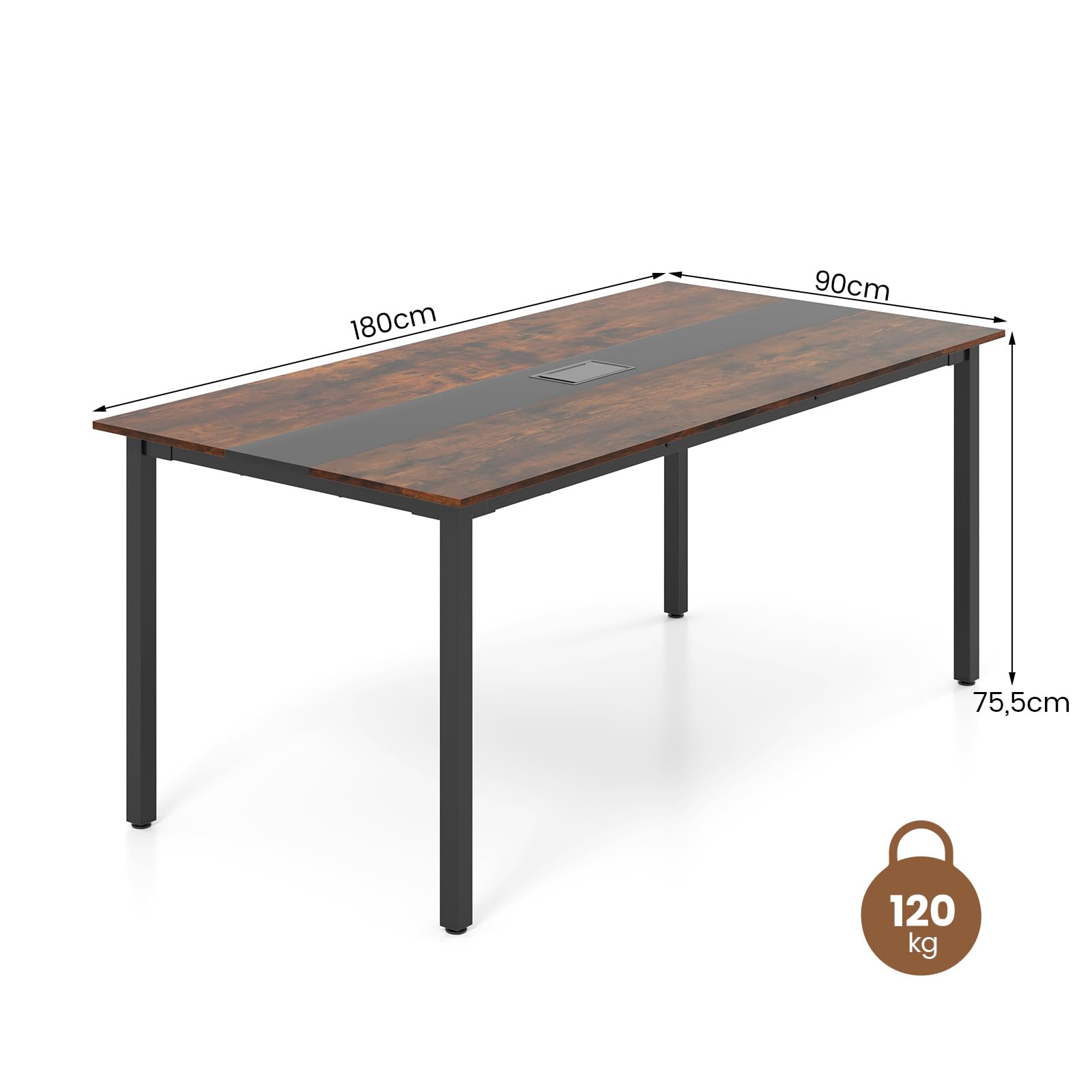 GYMAX Tavolo Discussioni di Gruppo per 8-10 Persone, Sistema di Gestione dei Cavi, Grande Scrivania Rettangolare per Riunioni in Ufficio, Sala Conferenze, 180 x 90 x 75,5 cm, Stile Industriale