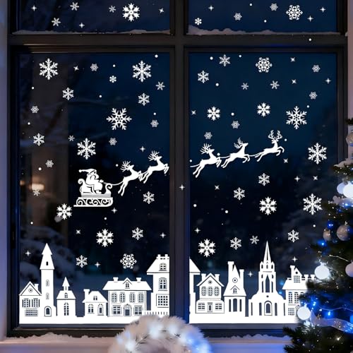 BEIUEN Fensterbilder Weihnachten 9 Blätter 134 Stück Weihnachtsdeko Fenster Selbstklebend – Doppeltes Design Winter Deko Häuser Schneeflocken Rentier – Wiederverwendbare Christmas Window Stickers