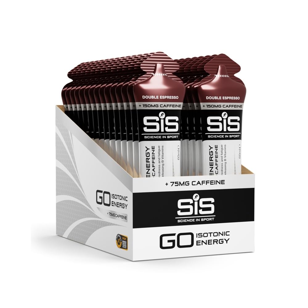 Science in Sport GO Energy Gel + Koffein Gel 30 x 60ml Doppelter Espresso, Vegan - Gel mit 150mg Koffein & 22g Kohlenhydrate, Energie für Ausdauersportler
