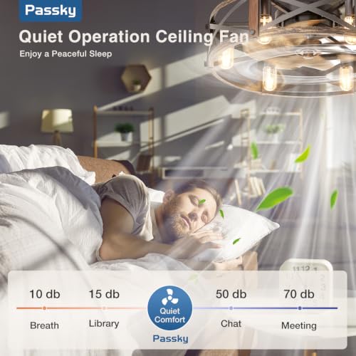 Image of Passky 24 inch Caged Ceiling Fans with Lights and Remote, Low Profile Fandelier | Reversible DC Motor, 1 /2 /4 /8H Timer, 6 Speeds, Farmhouse, Quiet Operation, 6 E26 Sockets, For Bedroom, Kitchen, Dining Room