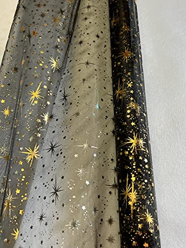 TISSUS ORGANZA ETOILES ARGENT MULTICOLORES TISSU DECO NOEL MARIAGE AU MÈTRE NAPPE CHEMIN DE TABLE DÉCORATION CIEL ETOILÉ CRECHE LARGEUR 150 CM (NOIR)