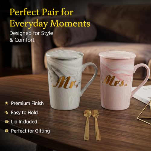 Image of ZAICUS Couple Coffee Mug Set with Lid & Spoon - Mr & Mrs Cup Set