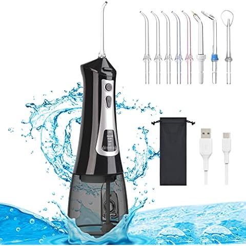 SurmountWay Powerful Cordless Water Flosser for Teeth,Portable Dental Oral Irrigator with DIY & 3 Modes LED Display 8 Replaceable Jet Tips and 300 ML Detachable Water Tank for Travel Home (Black) Cover