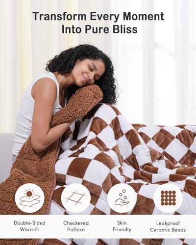 Cottonblue Checkerboard Weighted Blanket for Adults Twin Size 15 lbs 48" x 72", Fluffy Sherpa Flannel Heavy Weighted Throw Blankets for Bed Couch Sofa, Ultra Soft Cozy Bed Blanket, Plaid Khaki