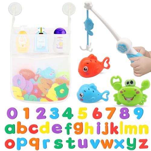 ZEAGUS Bath Toys Set for Toddlers 1-3, Bath Toy Storage Bag Hooks,Baby Bathtub Toys with 36 Letters and Numbers,Shower Toys Bath Time with 3 Fishing Toys and Water Gun Floating for Baby Pool Toys