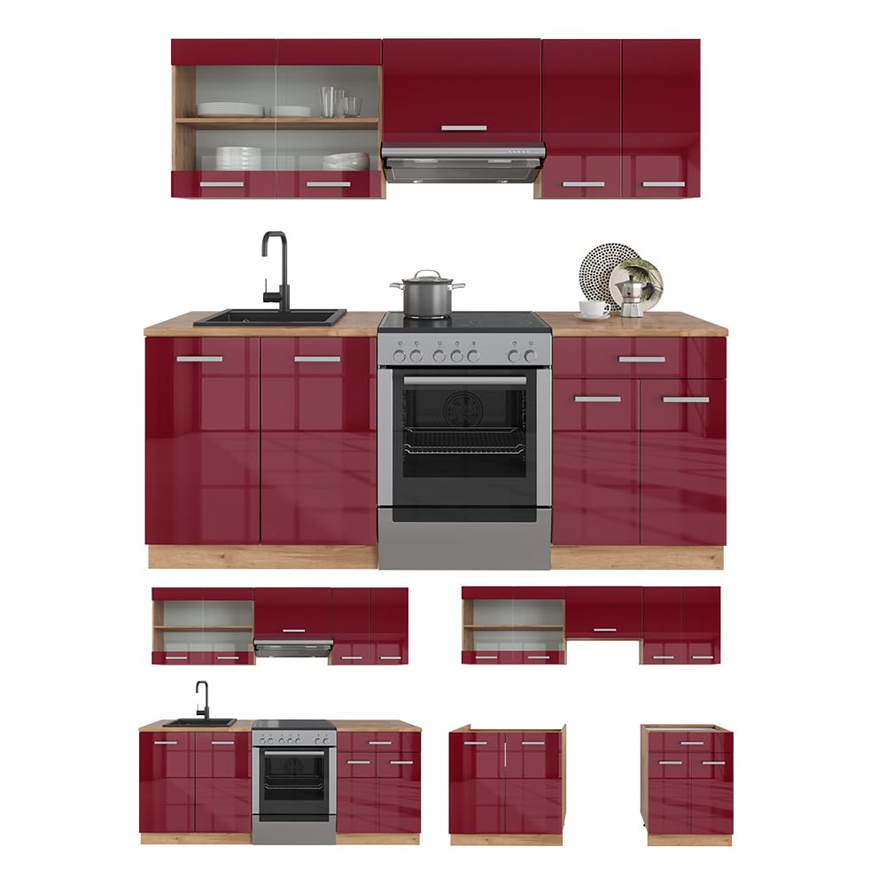 Vicco Cucina componibile R-Line, Rosso lucido/rovere dorato, 200 cm, PL Rovere, adatto per l'espansione personalizzata tramite moduli aggiuntivi