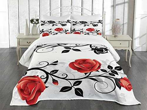 Lunarable English Garden Bedspread, Abstract Backdrop Floral Rose Swirls Ivy Leaves Spring, Decorative Quilted 3 Piece Coverlet Set With 2 Pillow Shams, King Size, Vermilion Grey #TOP1