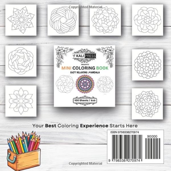 Mini Coloring Book - Easy Relaxing Mandala 6x6 Hand Drawn Illustration For Kids Adults 100 Pages: Bold & Easy Tiny Small Pocket Size Travel Friendly Funny and Cute image 3