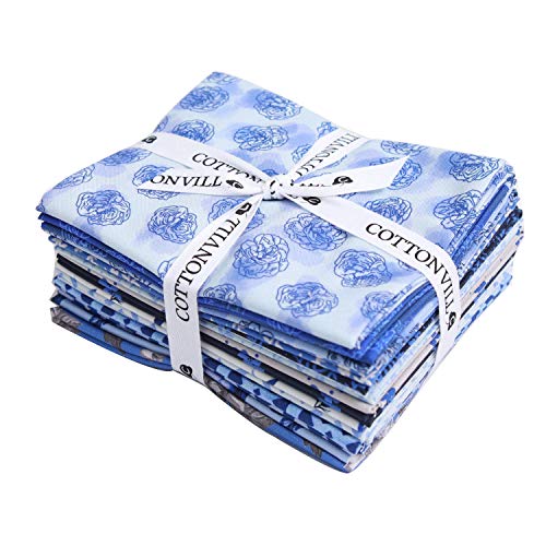 COTTONVILL EMANON Collection 20count Cotton Print Fabric (Fat Quarter 14pcs, Blue Flowers)