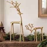 Christmas Decorations - Set of 2 Sculpted Gold Metal Reindeer Statues