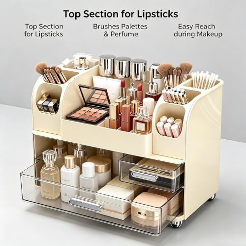 Image of Vanity Countertop Organizer with Multi‑Compartment Drawers & Brush Slot,Bathroom Desktop Storage Caddy, Multi‑Purpose Dresser Top Storage Unit for Toiletries & Personal Care Essentials (Cream)