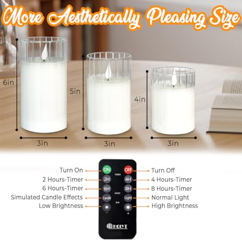 Image of LEDHOLYT Rechargeable Flameless Glass Pillar Candles - Remote & Timer - Set of 3 White Stripes Realistic Flickering LED Light, Ideal for Living Room, Bedroom & Holiday Decor& Gifts for Women
