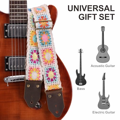 Image of Nefelibata Guitar Strap,Crazy Horse Leather Jacquard Embroidery Cotton Guitar Straps for Bass, Electric & Acoustic, Best Gifts for Guitarists(Sunflower White Embroidery)
