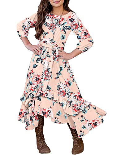 KYMIDY Girls Floral Maxi Dress Kids 3/4 Sleeve Boho Casual Pocket Ruffle Swing Dresses with Belt for Girls 6-12 Years