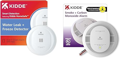 Kidde Detector de fugas de agua WiFi y alarma de congelación (60WLDR-W) + detector de humo y monóxido de carbono cableado Kidde