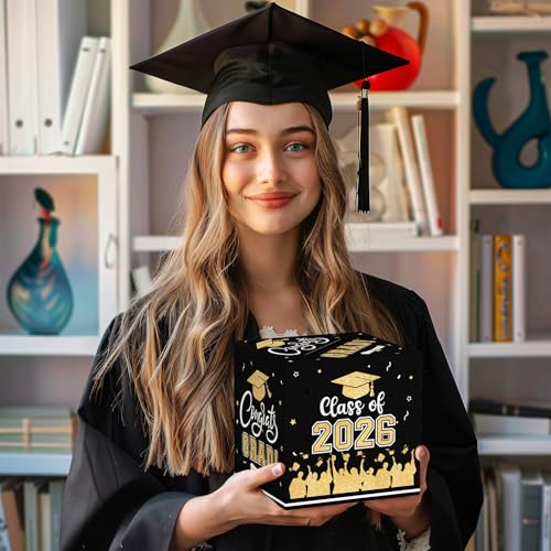 Image of Graduation Card Box 2026 - Congrats Grad Card Boxes Holder, Black and Gold Class of 2026 Gift Cards Box for Graduation Decorations 2026 Favors Party Decor Supplies Props, 9x 9 x 9 inches