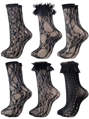 Geyoga 6 Pairs Slouch Lace Socks Women Cute Mesh Frilly High Loose Ruffle Ankle Socks for Women Girls Dress(Black)