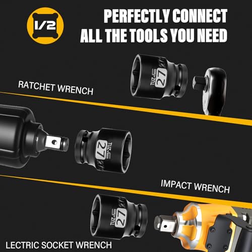 Image of 1 /2 Inch Drive 27mm Shallow Metric Impact Socket,CR-MO,6 Point Radius Corner Design,Square Chamfered Opening,Axle Nut Impact Grade Socket for Easy Removal
