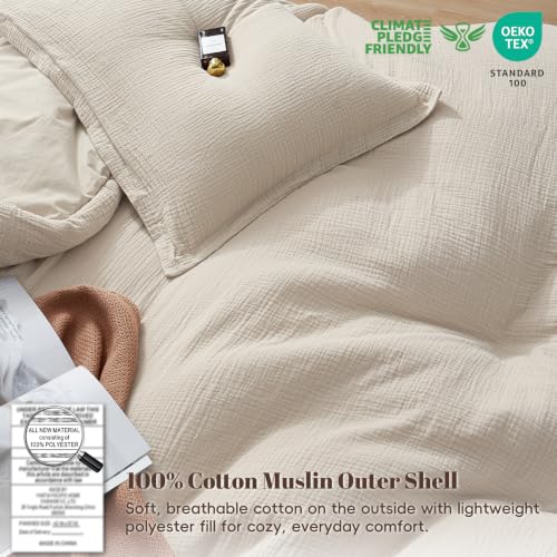 Image of PHF Cotton Muslin Comforter Set King, Ultra Soft Breathable, Natural