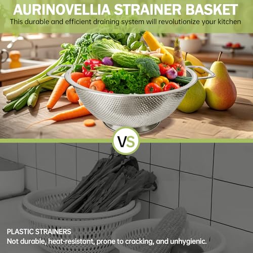 Miniatura 6 de Aurinovellia Colador De Acero Inoxidable, Colador De Pasta Con Asas, Tamices De Cocina, Escurridor De Verdura, Para Pasta Verduras Frutas Arroz, Diámetro Interior 22,5 Cm X 9,9 Cm