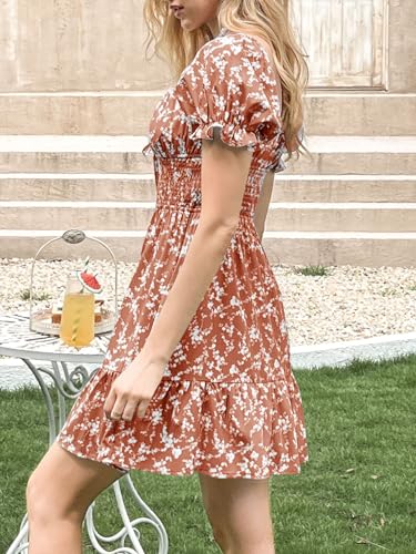 Image of Imily Bela Womens Summer Dress Ruffle Sleeve Sqaure Neck Smocked Sun Dress Casual Boho Beach Floral Mini Dress