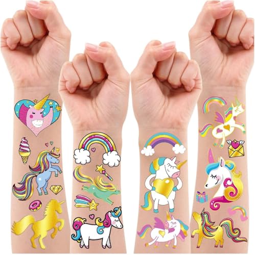 Leesgel Tatuaggi Glitter Unicorno per Bambini, 90 pezzi Decorazioni per Feste di Compleanno di Unicorno, Adesivi per Tatuaggi per Bambini e Ragazze, Giochi per Bambina
